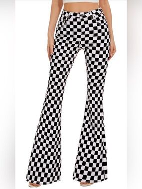 Black White Checkerboard Flare Jeans High Rise Stretch Pants Size 12